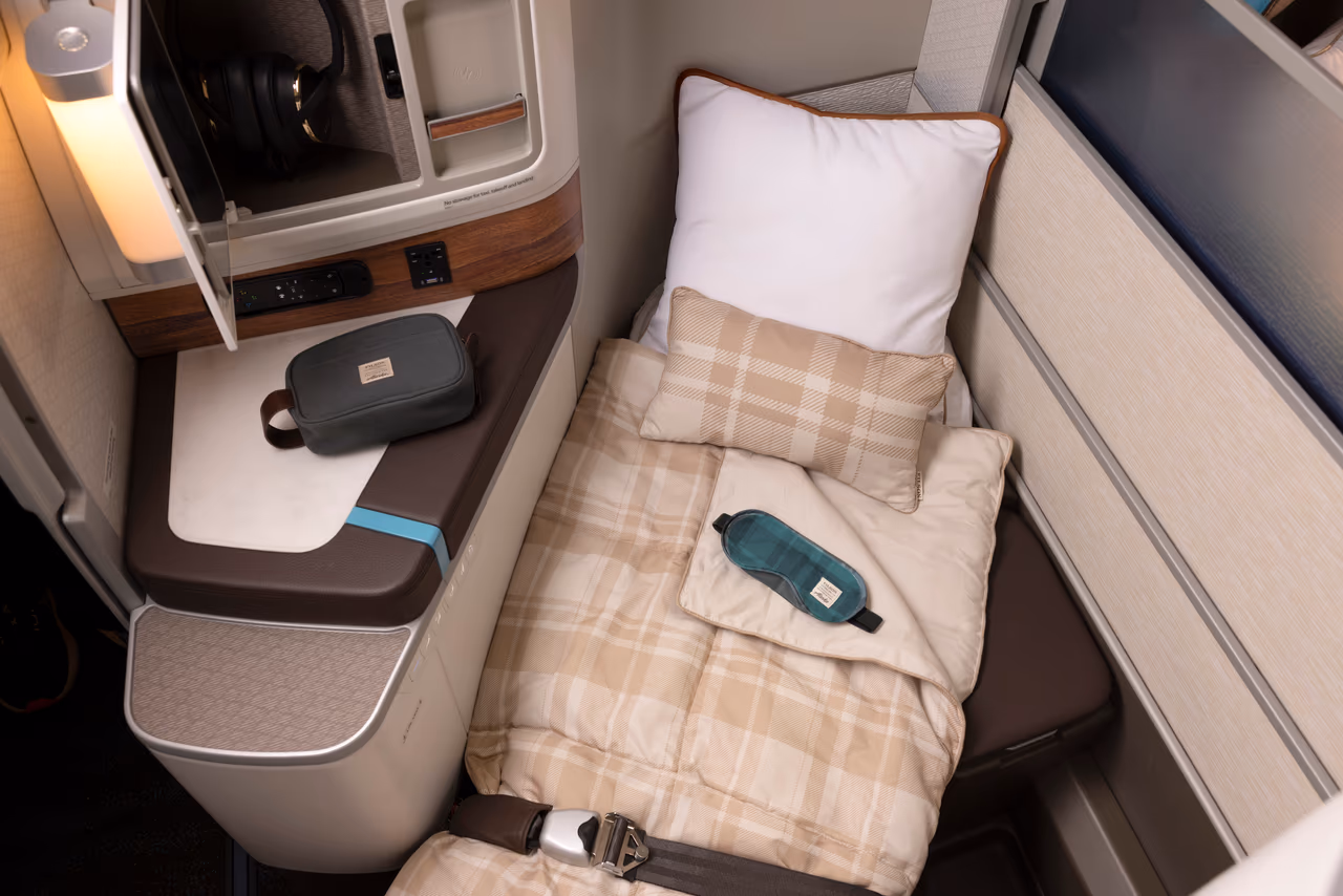 Lie-flat business class suite in Alaska Airlines' long-haul international cabin