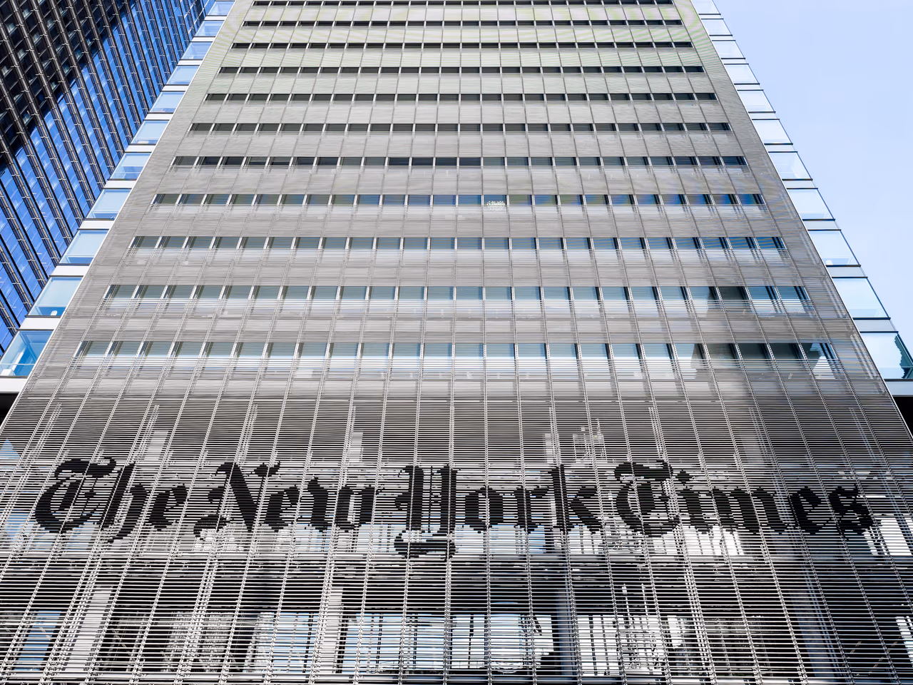 The New York Times name on the exterior of its Manhattan headquarters