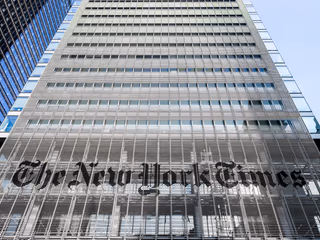 The New York Times name on the exterior of its Manhattan headquarters