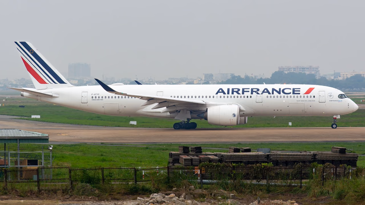 An Air France Airbus A350 taxiing on an airport runway