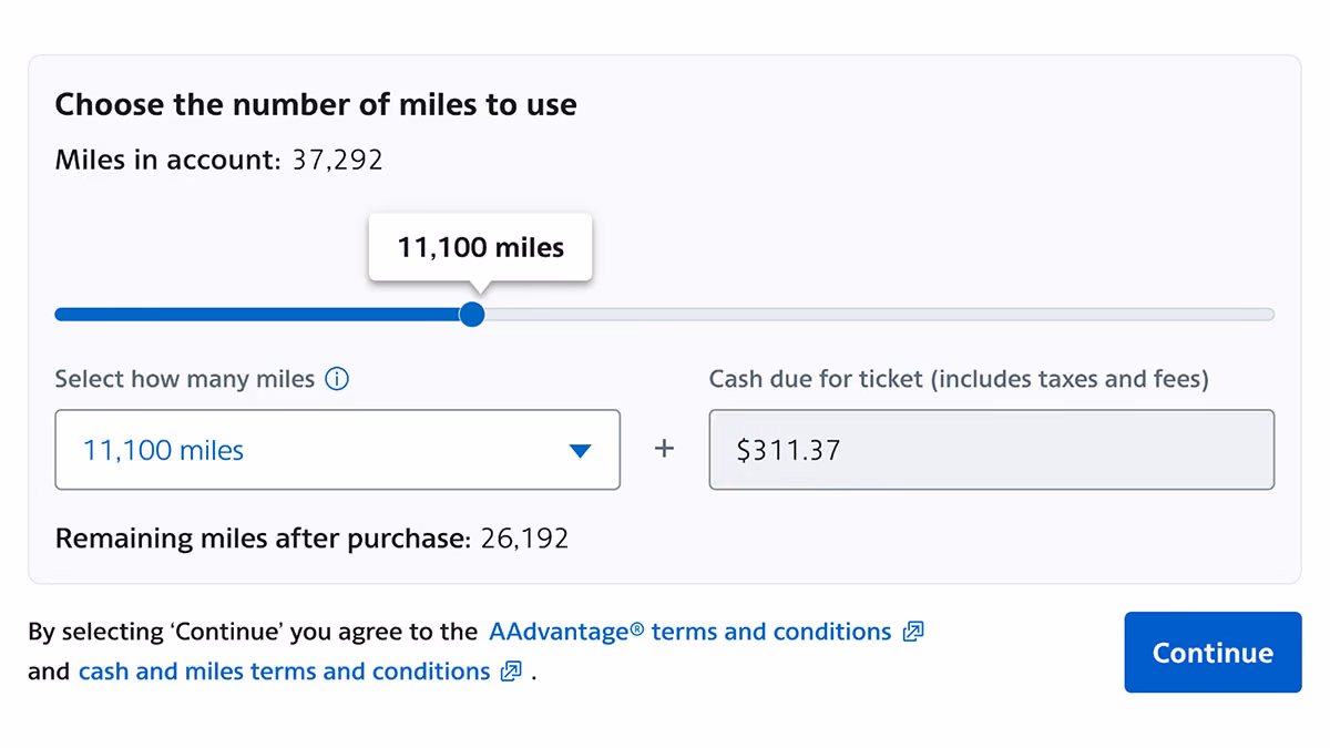 American's cash and miles booking screen on aa.com, with a slider set to 11,100 miles and $311.37 cash due for the ticket