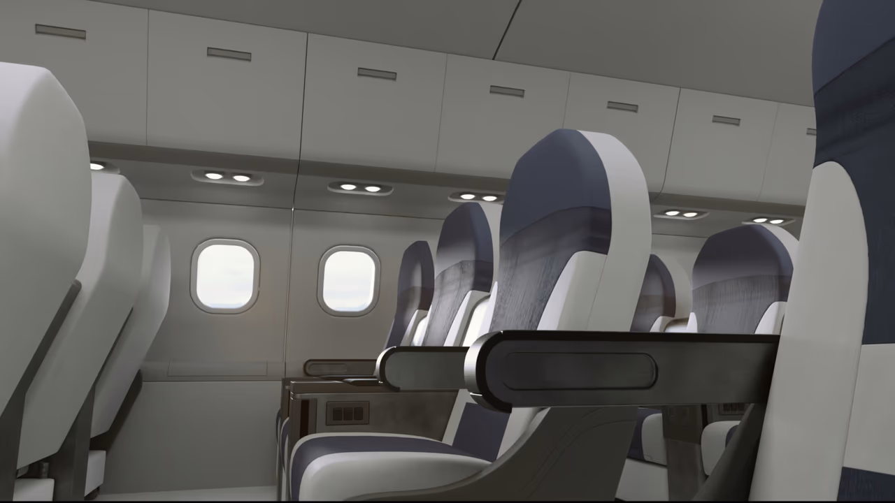 Business class cabin with reclined seats