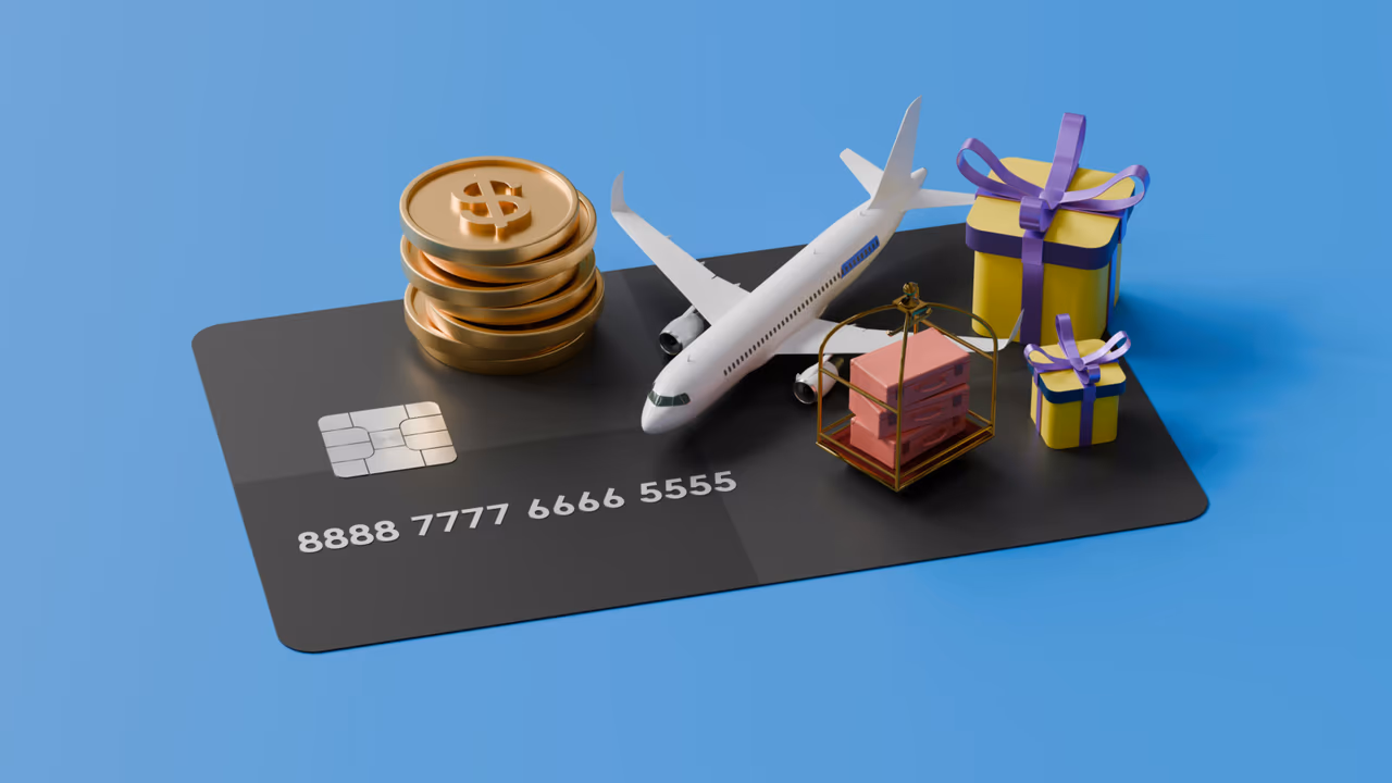 3D credit card with airplane, coins, luggage, and gifts