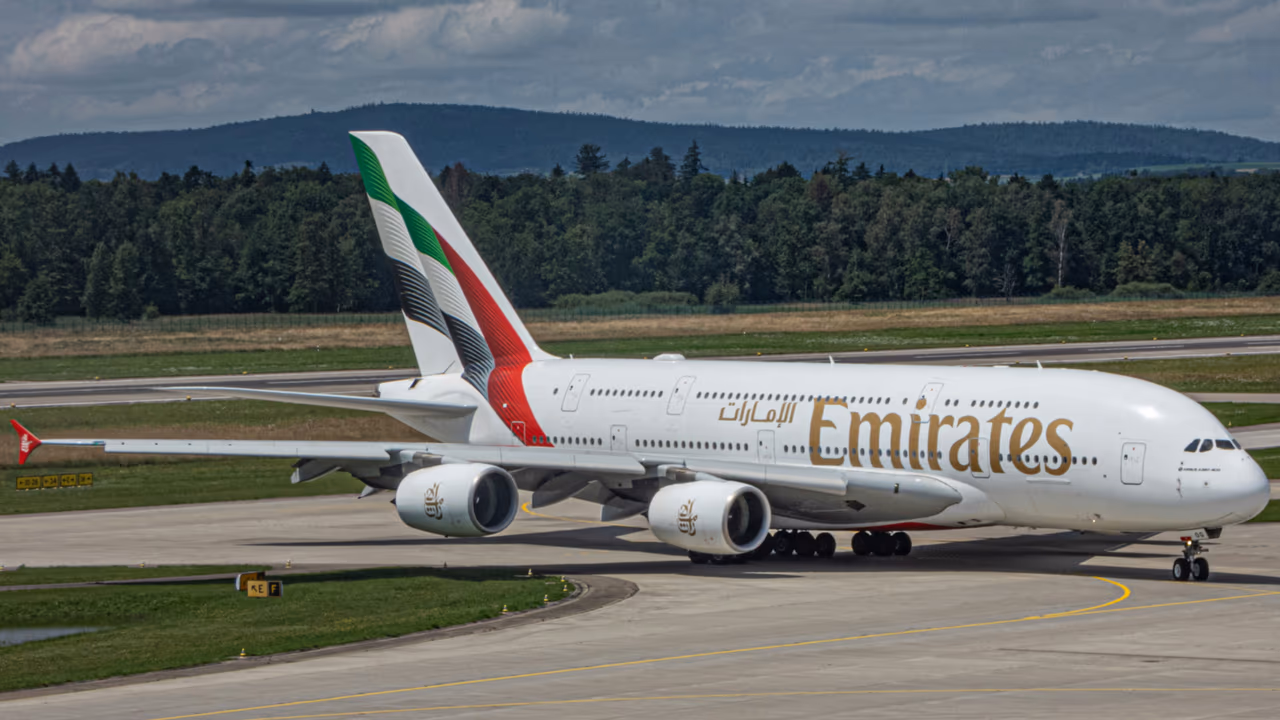 Emirates A380 taxiing on runway