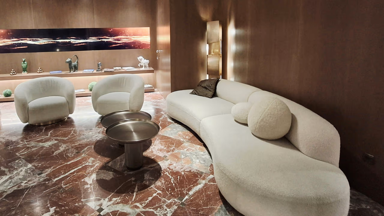 Luxury Marriott hotel lobby with modern seating