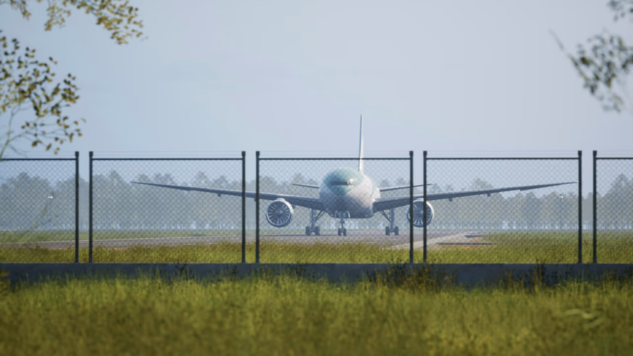 Airplane on runway behind fence