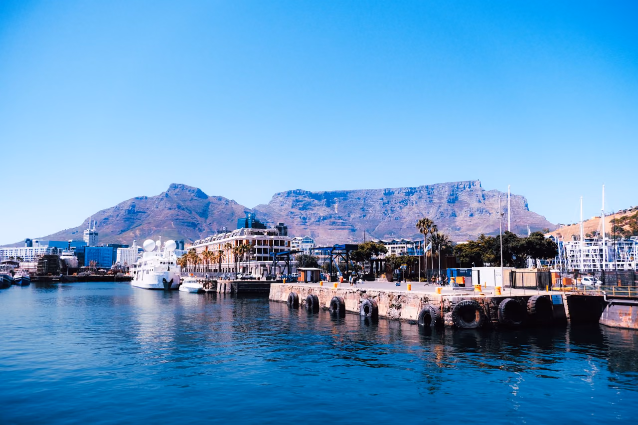 Cape Town waterfront and harbor with Table Mountain rising in the background