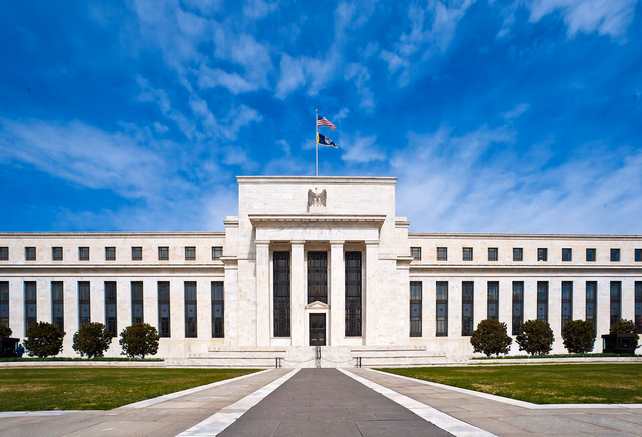 The Marriner S. Eccles Federal Reserve Board Building in Washington, seen from across the street on a clear day