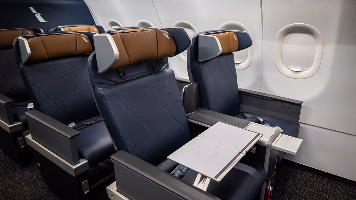 Rows of navy leather domestic first-class seats with tan headrest cushions and grey privacy wings, one white tray table folded out beside the cabin windows