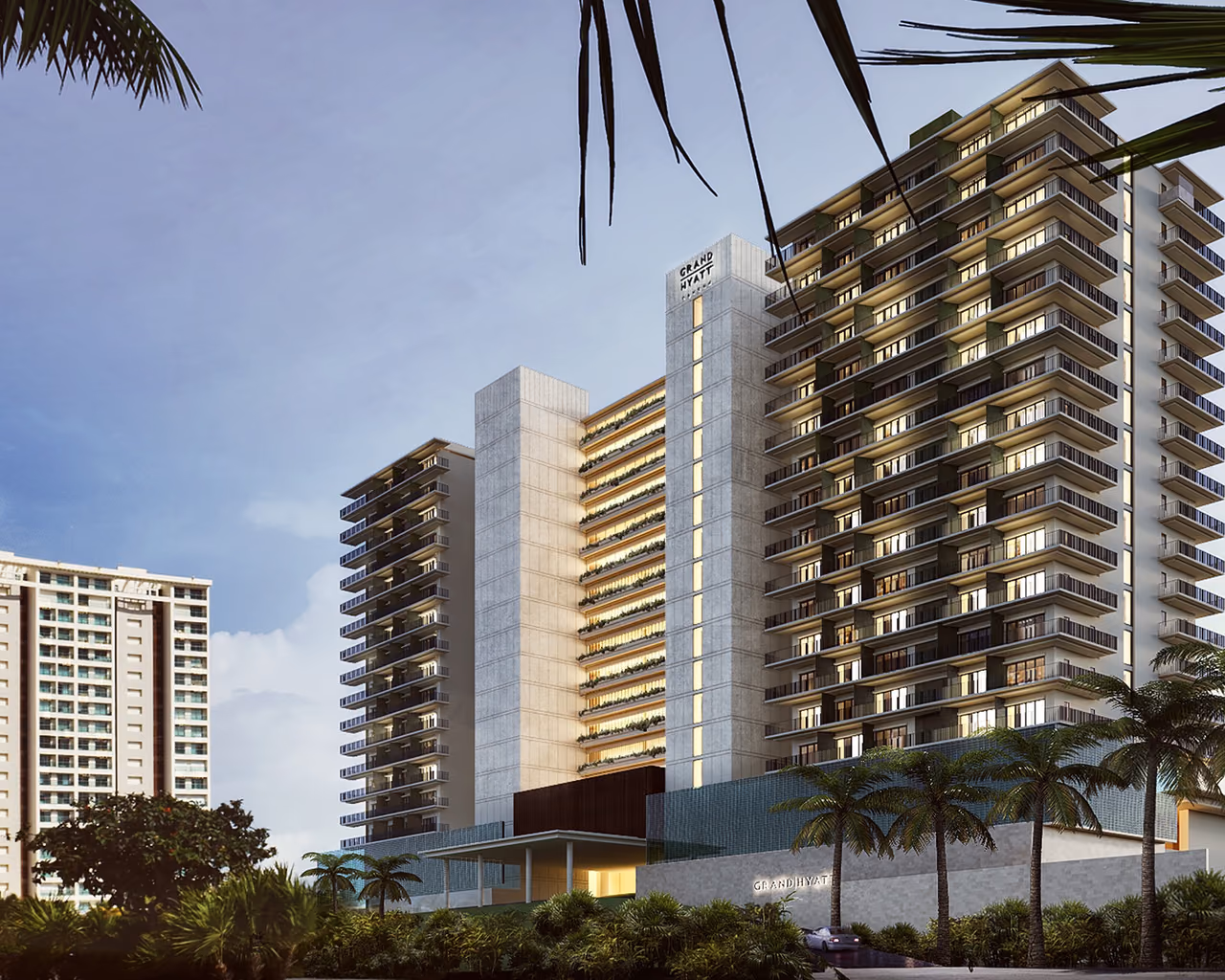 Rendering of a Grand Hyatt hotel tower with lit windows, framed by palm trees.