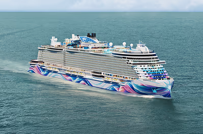 Aerial rendering of Norwegian Aura at sea, showing the ship's upper decks and pool areas