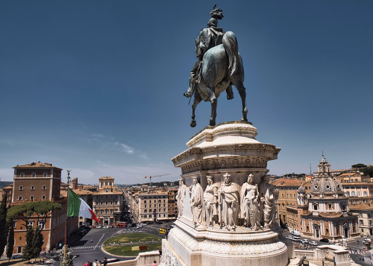 The equestrian statue atop the Altare della Patria overlooking Piazza Venezia in Rome