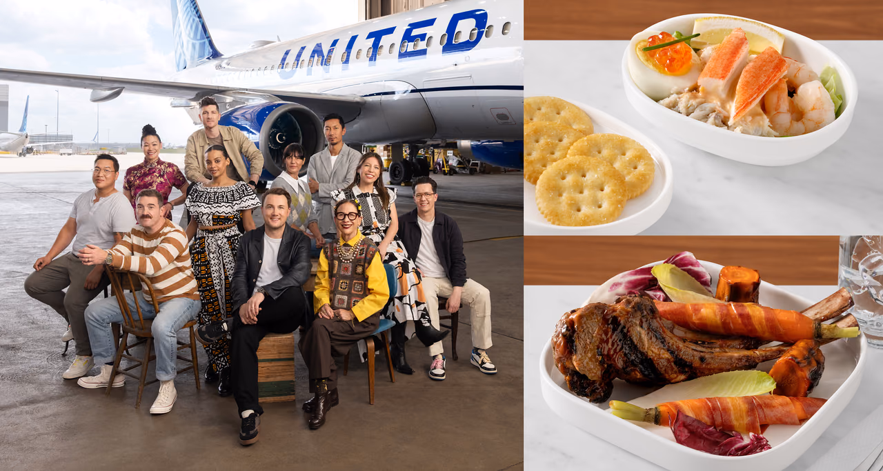 A group of chefs seated in front of a United jet, beside two plated dishes: a crab and shrimp appetizer with crackers and grilled rack of lamb with carrots