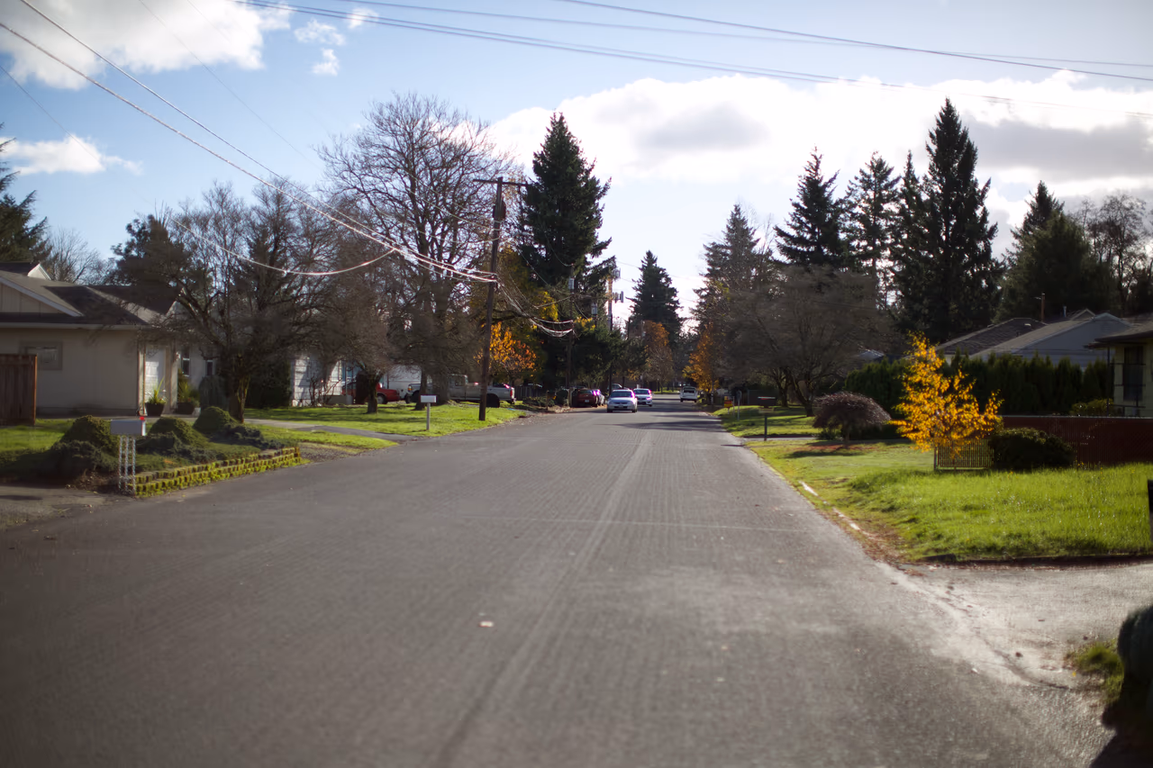 A quiet residential street lined with single-storey houses, bare trees and parked cars under a partly cloudy sky
